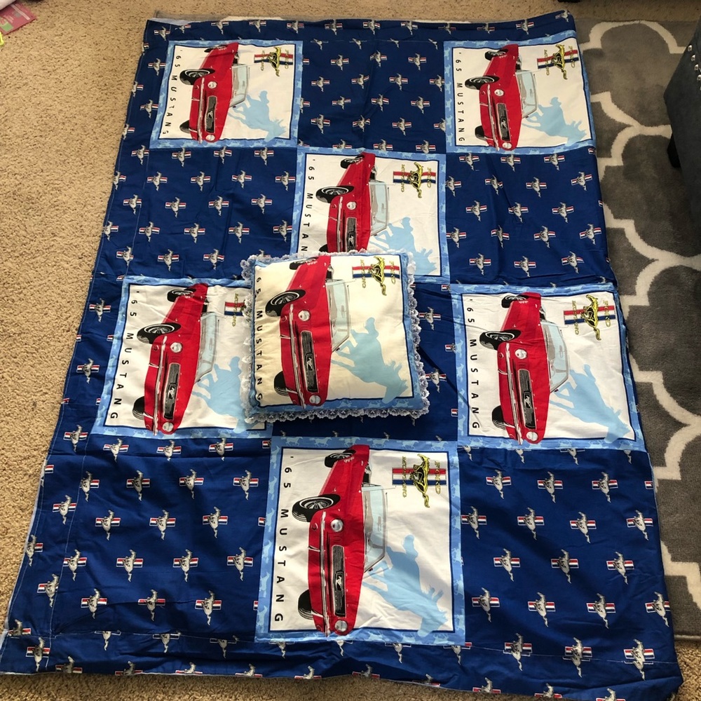 Mustang 1965 Homemade Coverlet Matching Pillow Blue Horse Car Logo